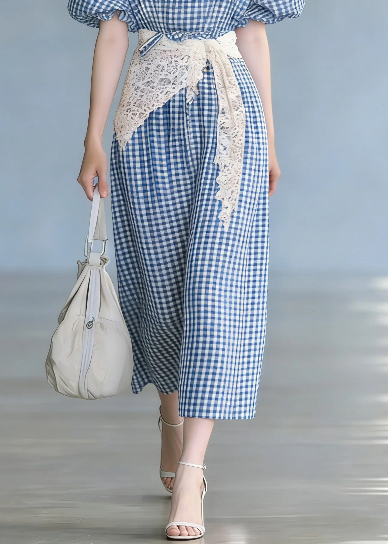 French Blue Plaid Tie Waist Cotton Long Dresses Puff Sleeve - Image 4