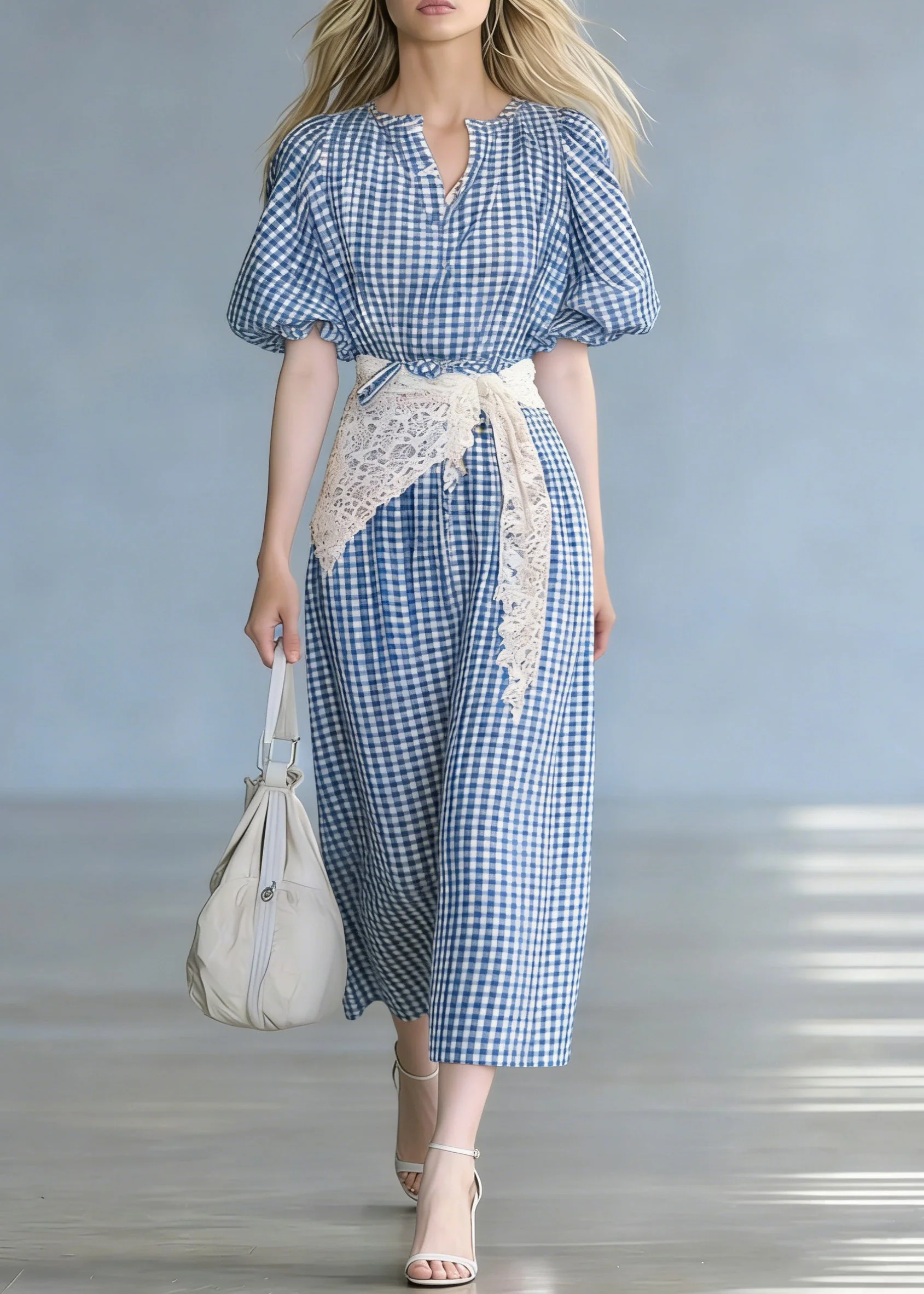 French Blue Plaid Tie Waist Cotton Long Dresses Puff Sleeve - Image 5