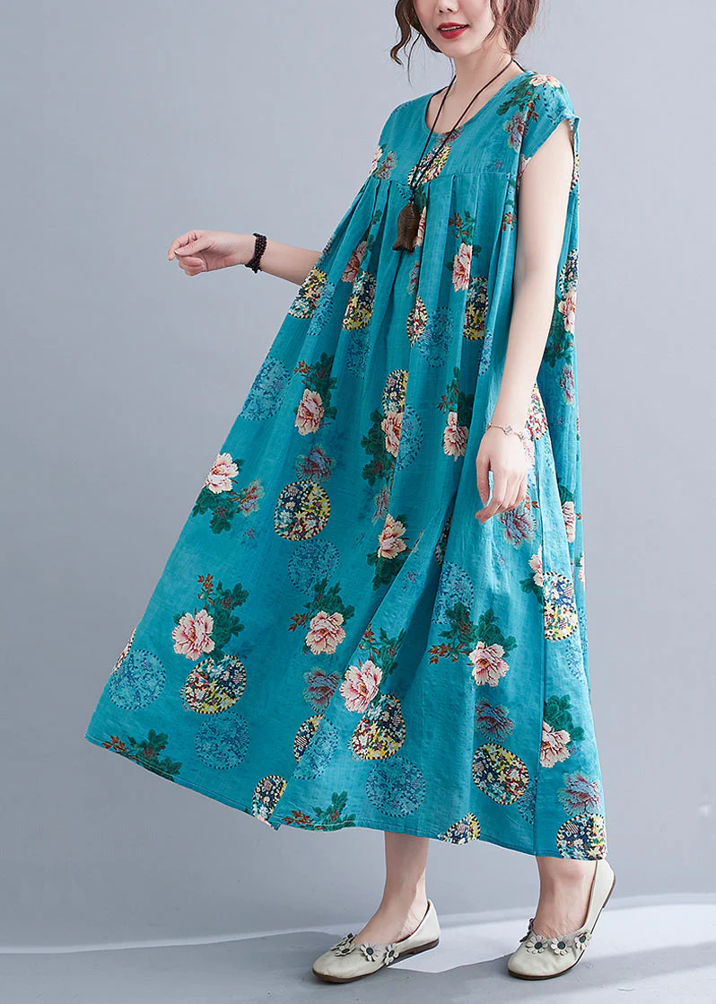 French Blue Pocket Print Cotton Vacation Dresses Short Sleeve - Image 2