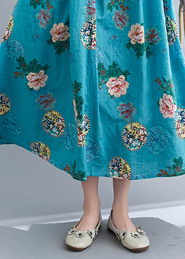 French Blue Pocket Print Cotton Vacation Dresses Short Sleeve - Image 5