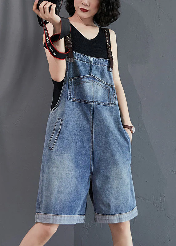 French Blue Pockets Denim Overalls Jumpsuit Summer - Image 2