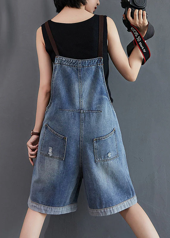 French Blue Pockets Denim Overalls Jumpsuit Summer - Image 3