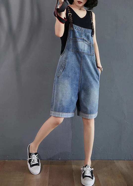 French Blue Pockets Denim Overalls Jumpsuit Summer - Image 4