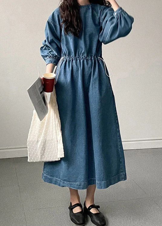 French Blue Pockets Drawstring Denim Long Dresses Spring - Image 3