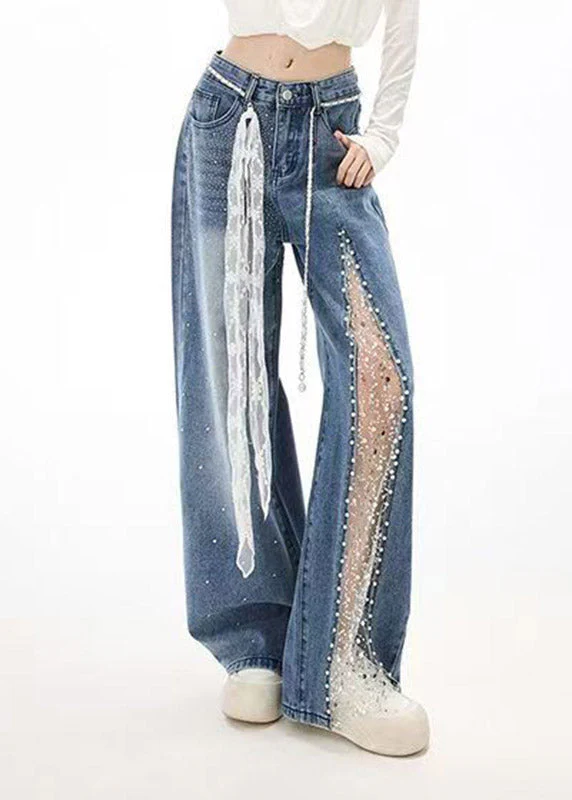 French Blue Pockets Lace Patchwork Zircon Jeans Spring - Image 3