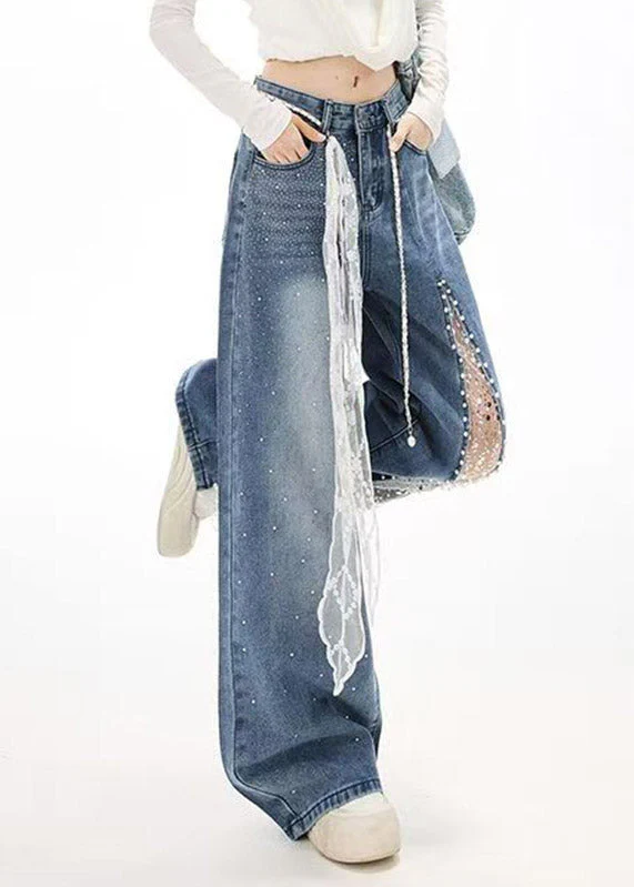 French Blue Pockets Lace Patchwork Zircon Jeans Spring - Image 4