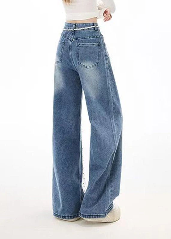 French Blue Pockets Lace Patchwork Zircon Jeans Spring - Image 5