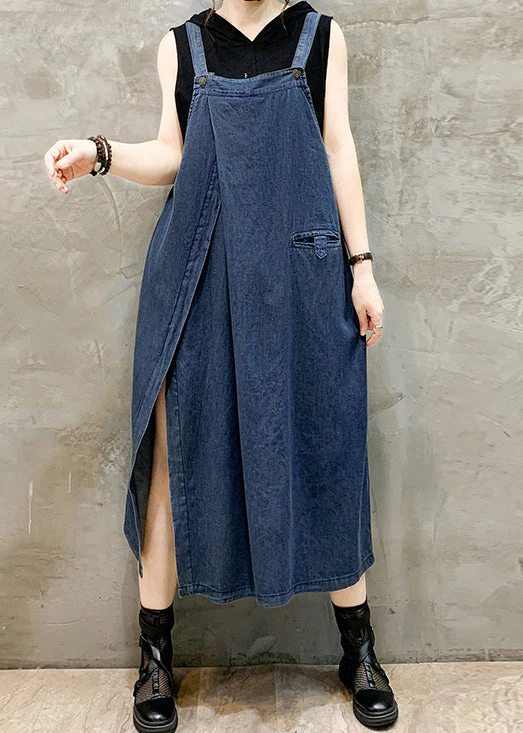 French Blue Pockets Side Open Denim Straps Dress Sleeveless - Image 3