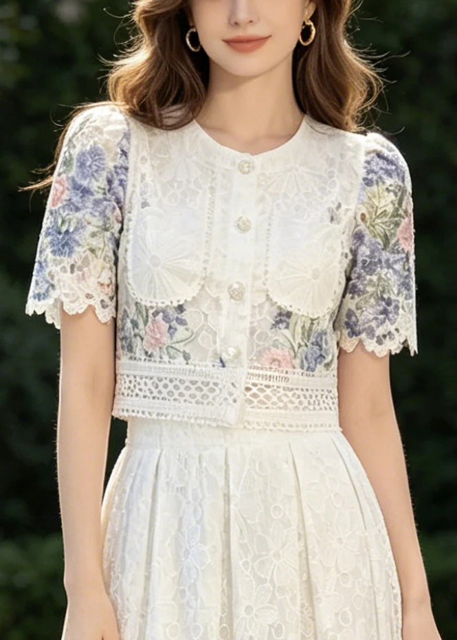 French Blue Print Lace Shirts And Skirts 2 Piece Outfit Summer - Image 2