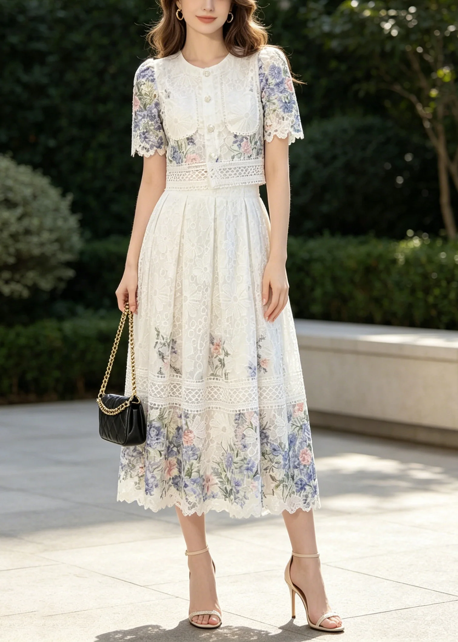 French Blue Print Lace Shirts And Skirts 2 Piece Outfit Summer - Image 3