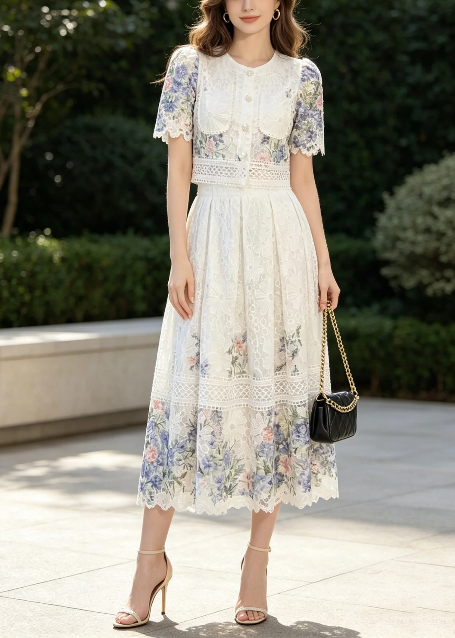 French Blue Print Lace Shirts And Skirts 2 Piece Outfit Summer - Image 5