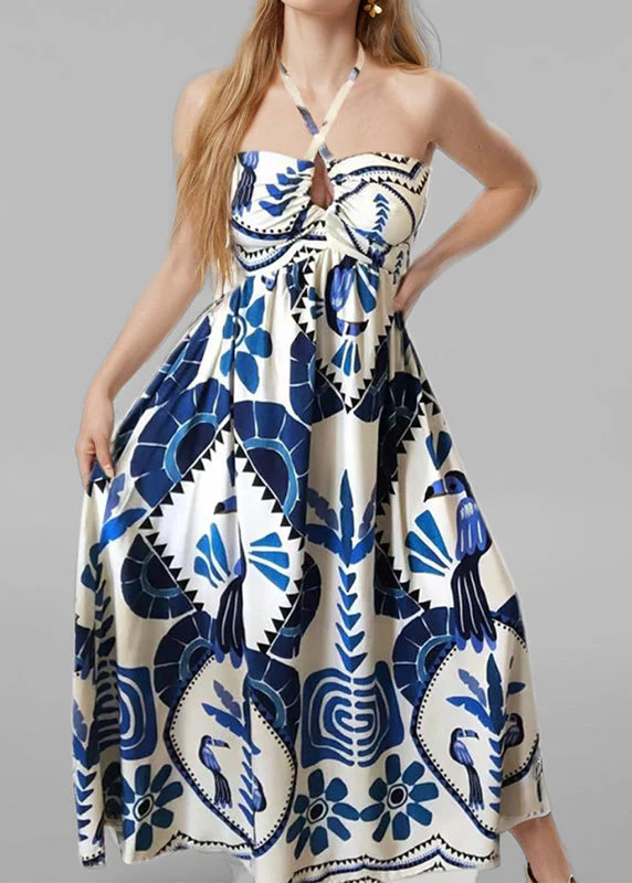 French Blue Print Lace Up Cotton Vacation Dresses Sleeveless