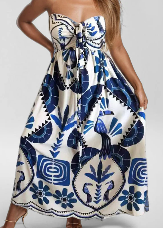 French Blue Print Lace Up Cotton Vacation Dresses Sleeveless - Image 3