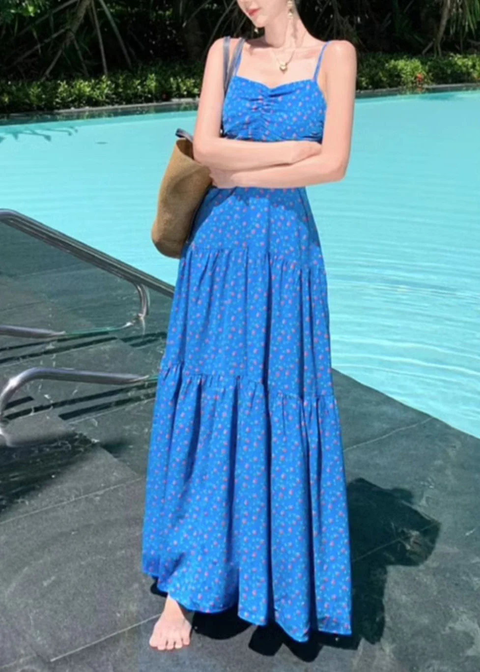 French Blue Print Patchwork Maxi Spaghetti Strap Dress Summer - Image 2