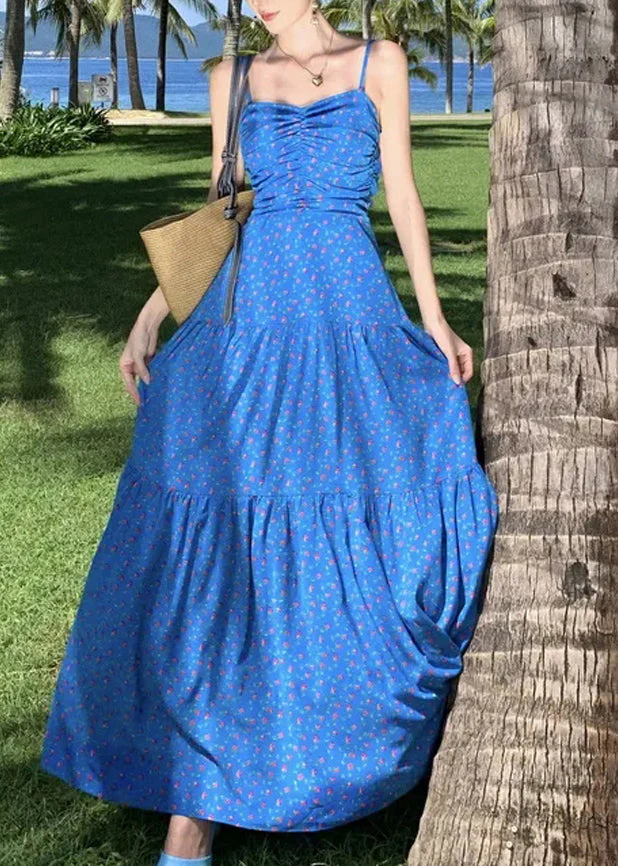 French Blue Print Patchwork Maxi Spaghetti Strap Dress Summer - Image 3