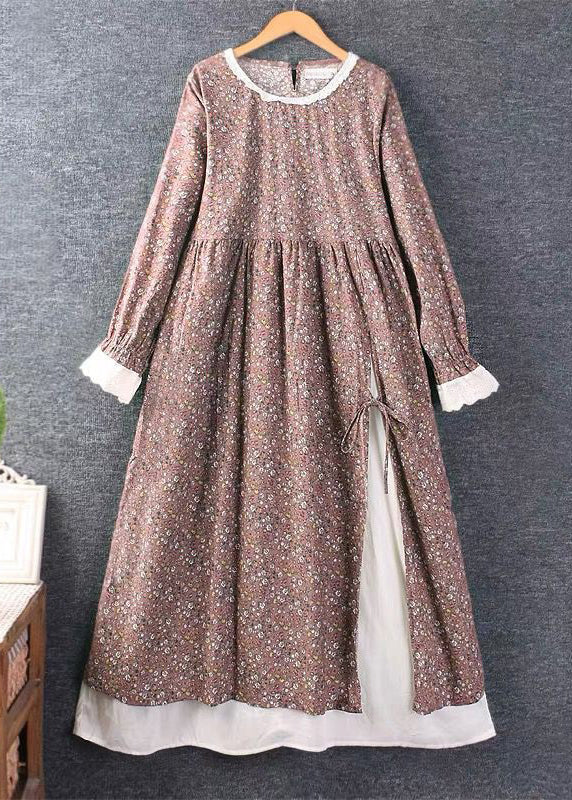 French Blue Print Side Open Lace Up Cotton Dress Long Sleeve - Image 2