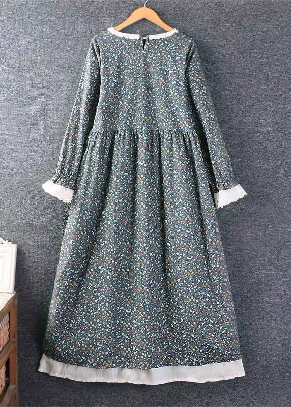 French Blue Print Side Open Lace Up Cotton Dress Long Sleeve - Image 4