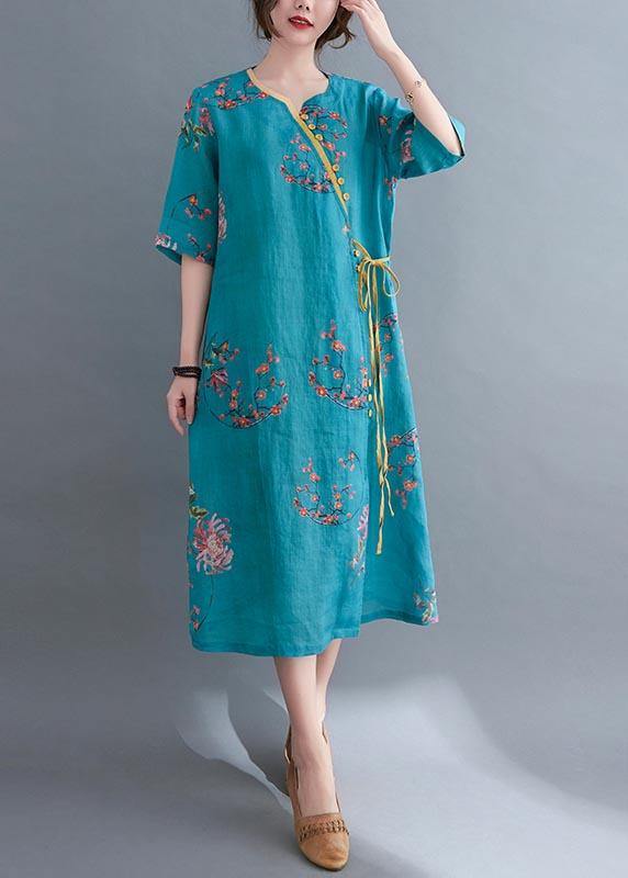 French Blue Print tie waist Mid Summer Cotton Dress - Image 2