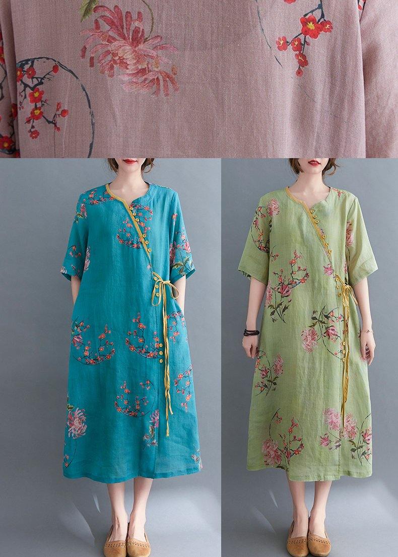 French Blue Print tie waist Mid Summer Cotton Dress - Image 3