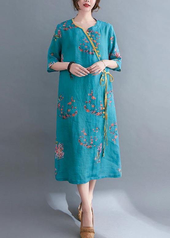 French Blue Print tie waist Mid Summer Cotton Dress - Image 5