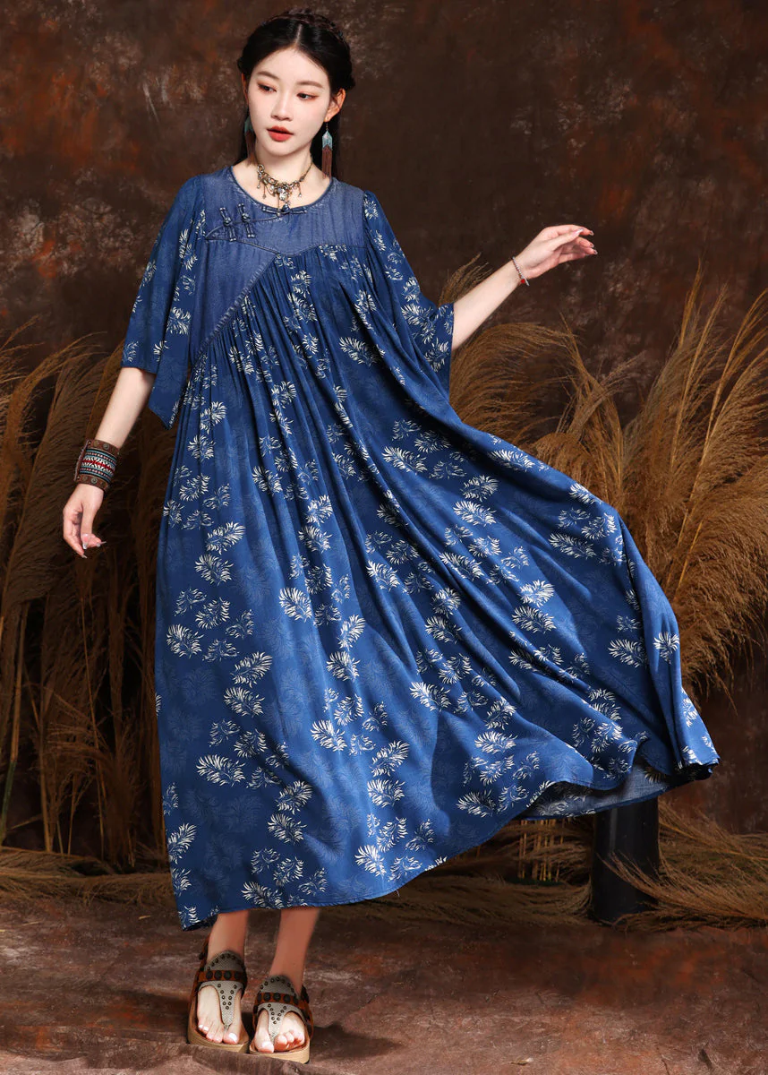 French Blue Print Wrinkled Denim Long Dress Half Sleeve - Image 2