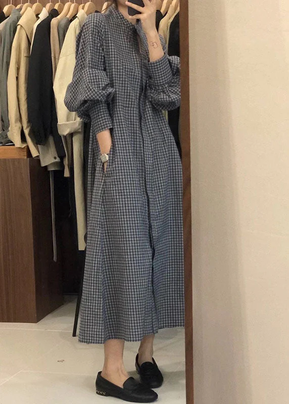 French Blue Puff Sleeve Plaid shirts Dress - Image 2
