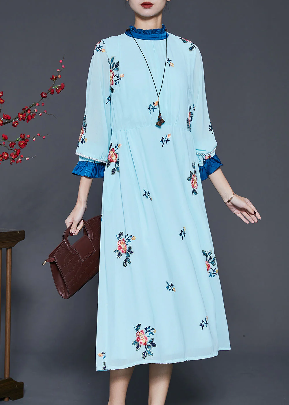 French Blue Ruffled Embroidered Silk Maxi Dress Spring - Image 3