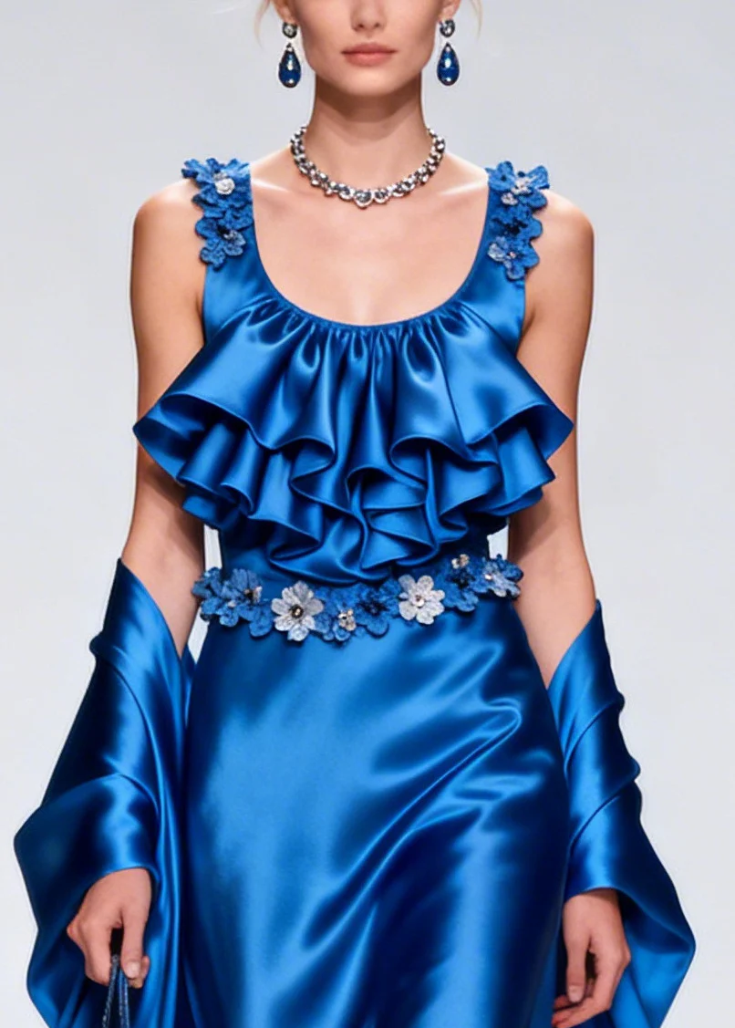 French Blue Ruffled Exra Large Hem Silk Party Dresses Summer - Image 2