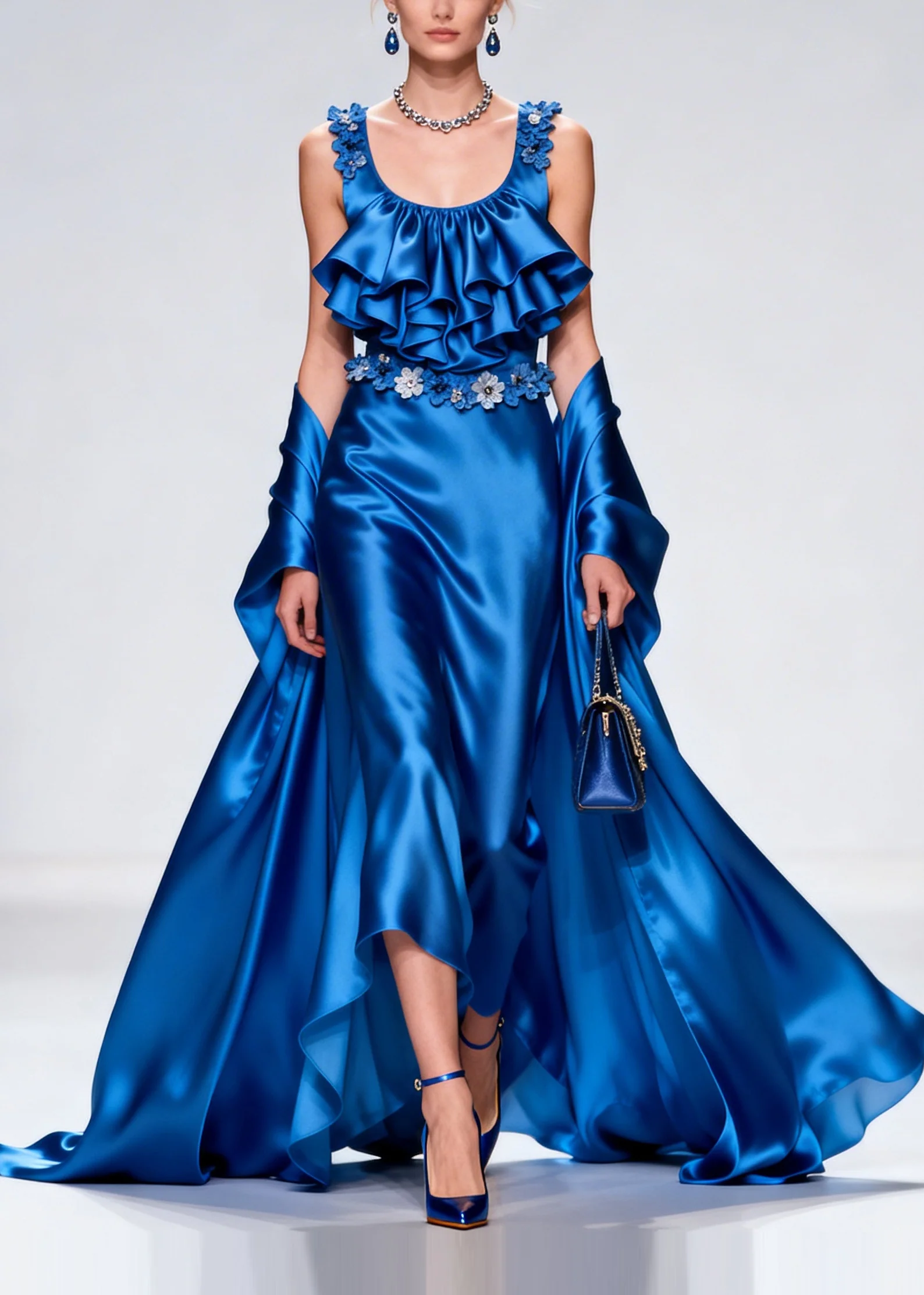 French Blue Ruffled Exra Large Hem Silk Party Dresses Summer - Image 3