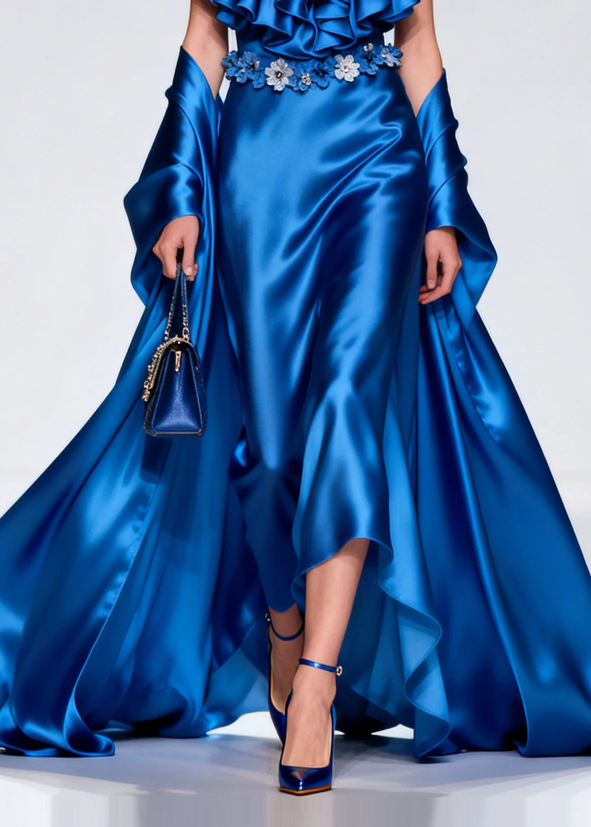 French Blue Ruffled Exra Large Hem Silk Party Dresses Summer - Image 4