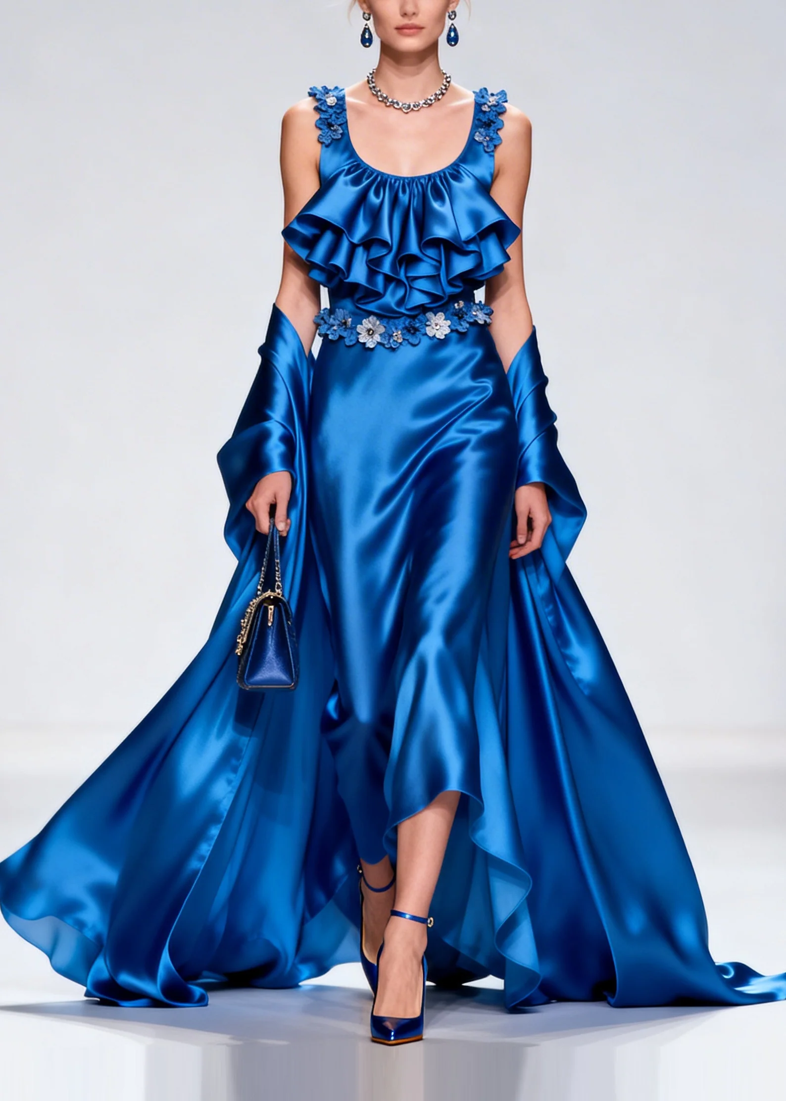 French Blue Ruffled Exra Large Hem Silk Party Dresses Summer - Image 5