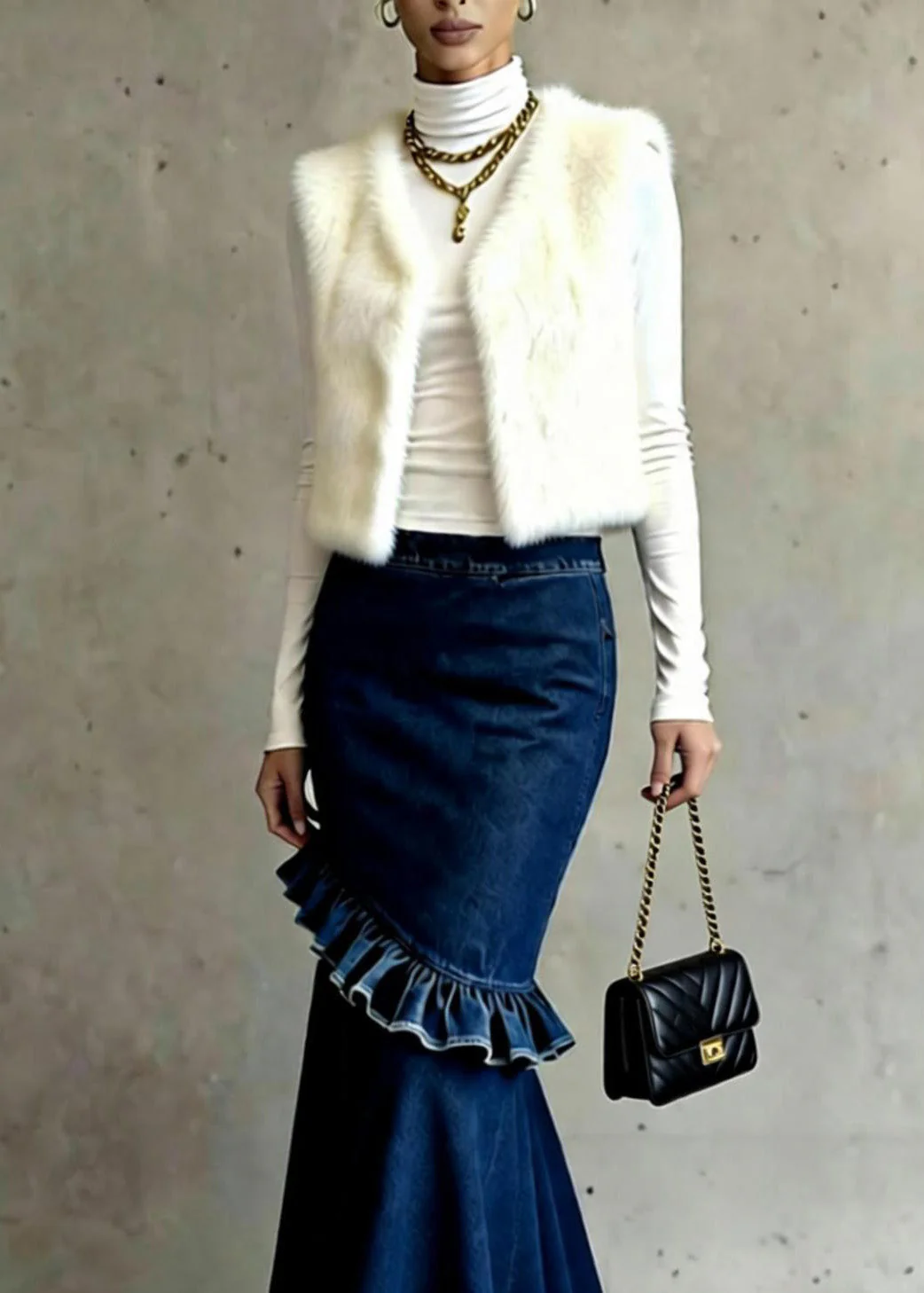 French Blue Ruffled Patchwork High Waist Denim Skirts Spring - Image 2