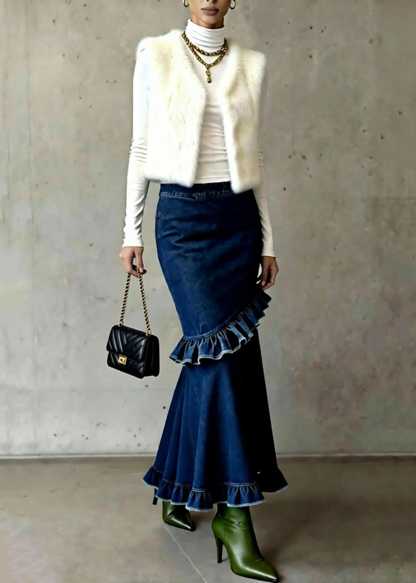 French Blue Ruffled Patchwork High Waist Denim Skirts Spring - Image 3