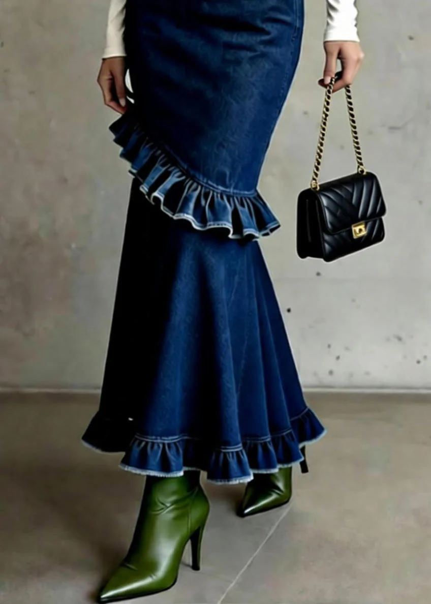 French Blue Ruffled Patchwork High Waist Denim Skirts Spring - Image 4