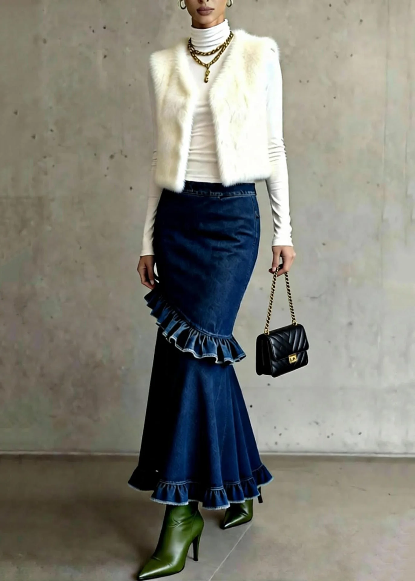 French Blue Ruffled Patchwork High Waist Denim Skirts Spring - Image 5
