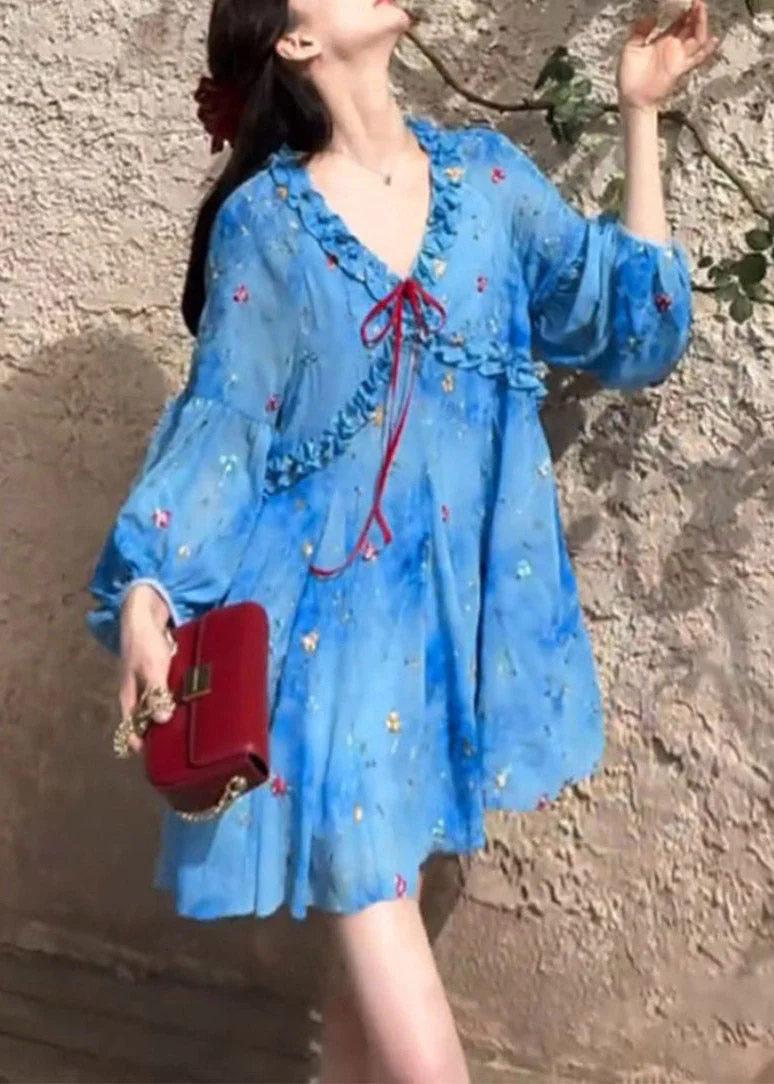 French Blue Ruffled Puff Sleeve Print Chiffon Dresses - Image 2