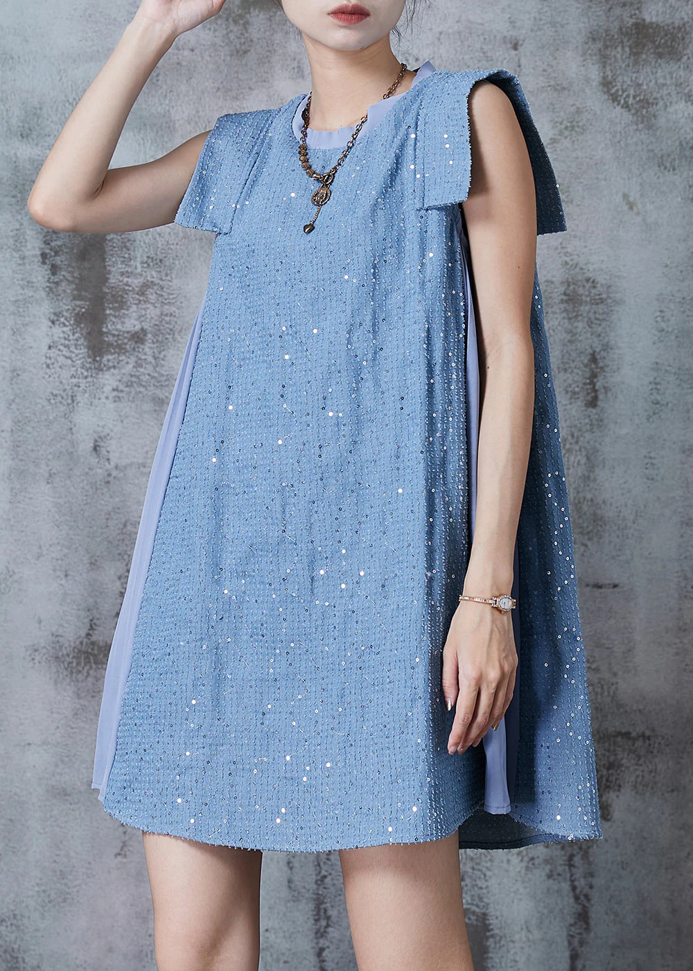 French Blue Sequins Patchwork Denim Day Dress Summer - Image 2