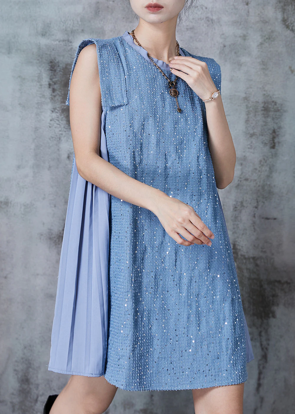 French Blue Sequins Patchwork Denim Day Dress Summer - Image 3