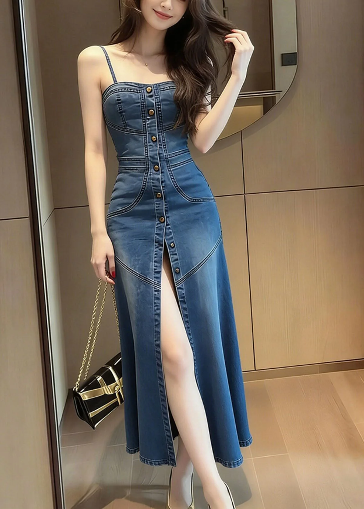French Blue Side Open Denim Spaghetti Strap Dress Summer - Image 4