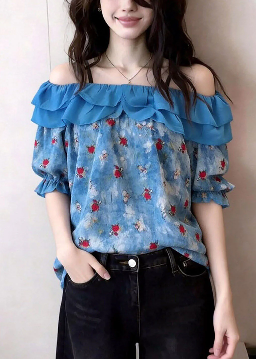 French Blue Slash Neck Ruffled Patchwork Top Short Sleeve - Image 3