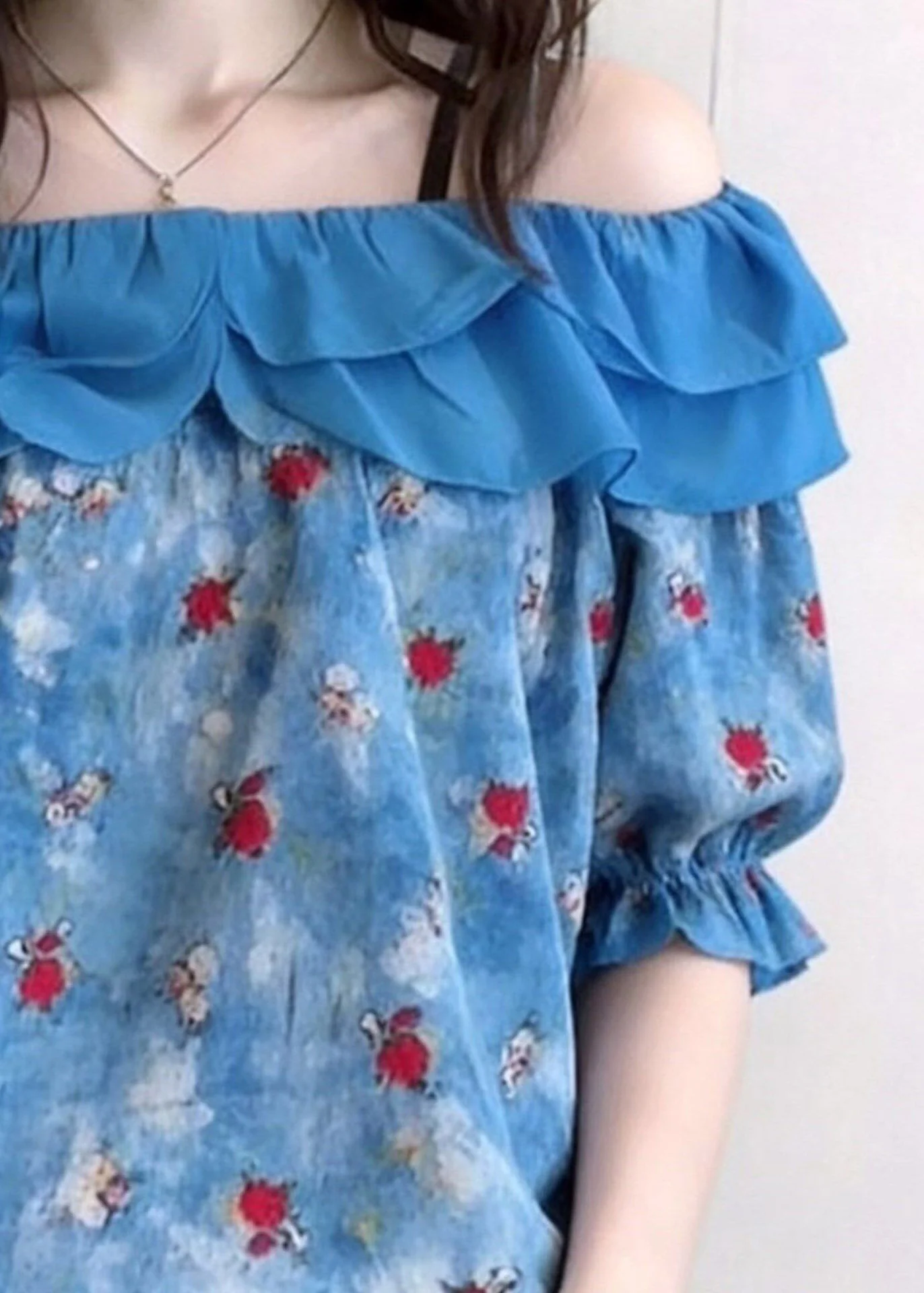 French Blue Slash Neck Ruffled Patchwork Top Short Sleeve - Image 4