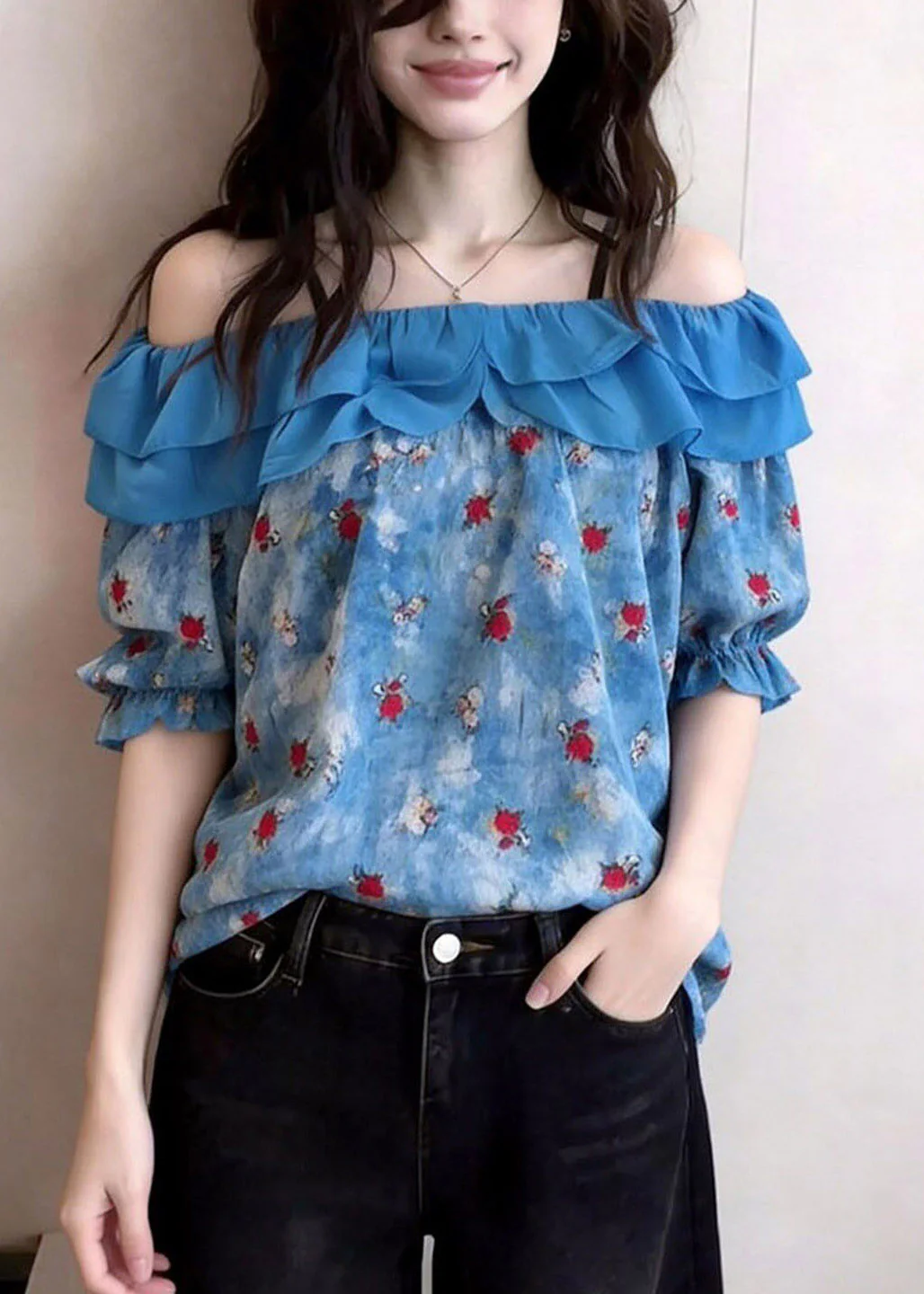French Blue Slash Neck Ruffled Patchwork Top Short Sleeve - Image 5