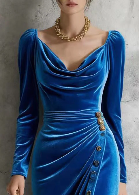 French Blue Square Collar Button Silk Velvet Long Dress Spring - Image 2