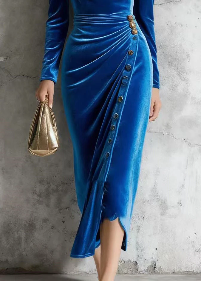 French Blue Square Collar Button Silk Velvet Long Dress Spring - Image 4
