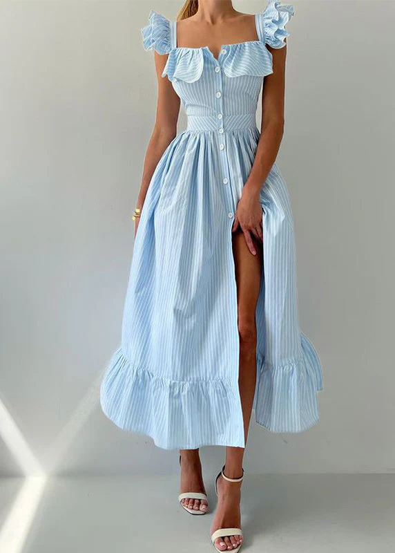 French Blue Striped Button Cotton Long Dresses Butterfly Sleeve - Image 2