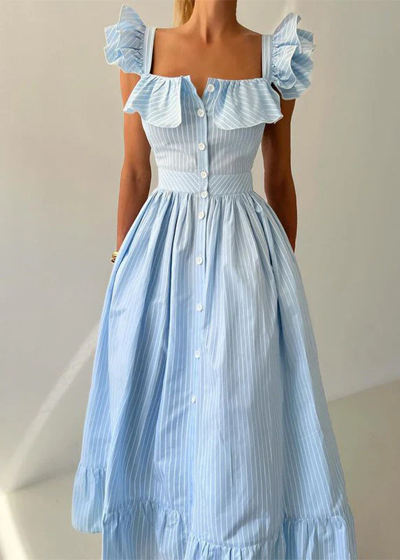French Blue Striped Button Cotton Long Dresses Butterfly Sleeve - Image 3