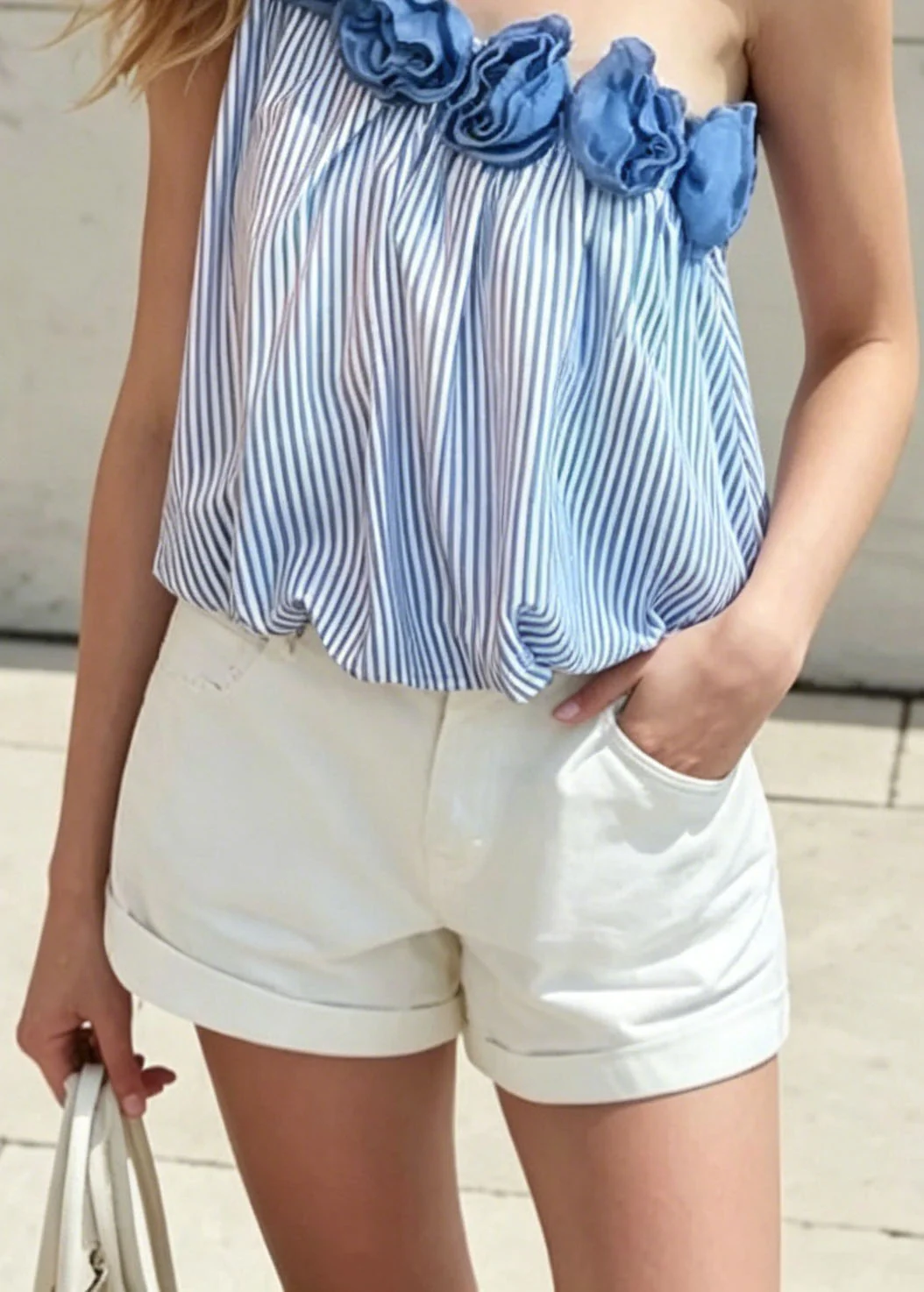 French Blue Striped One Shoulder Floral Cotton Shirt Top Summer - Image 4