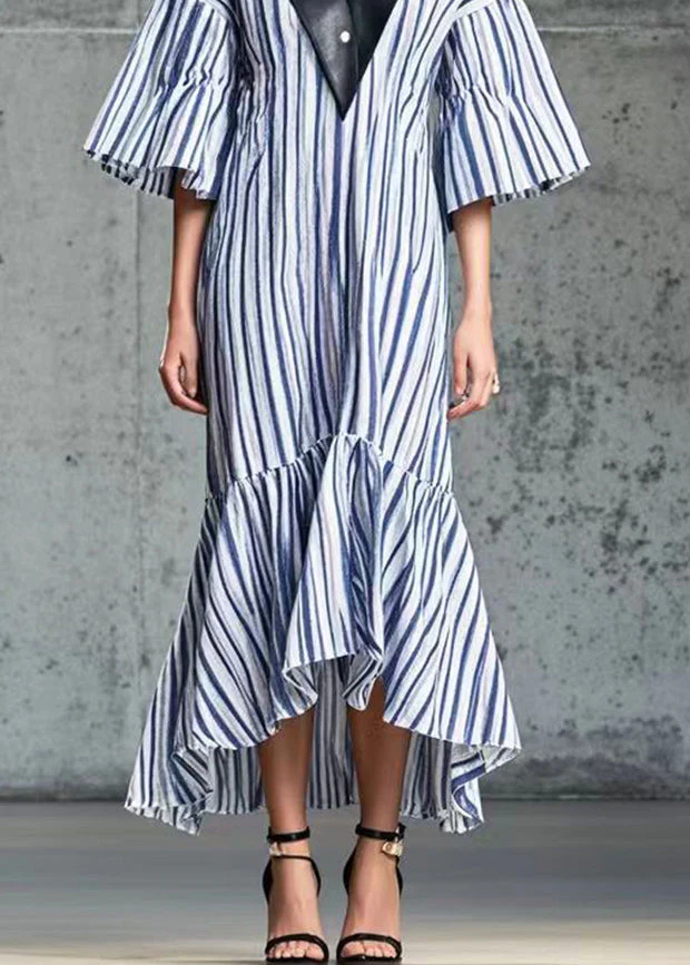 French Blue Striped Patchwork PU Cotton Long Dress Summer - Image 5