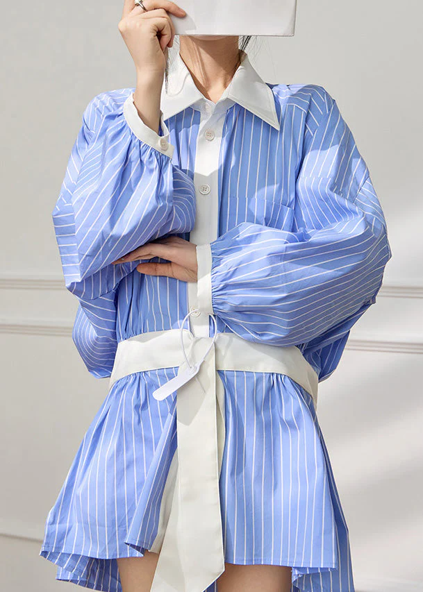 French Blue Striped Pockets Patchwork Cotton Shirts Dress Fall - Image 3