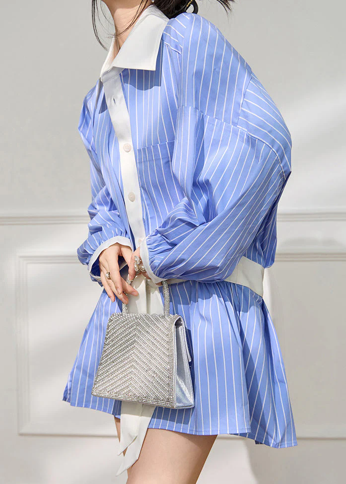 French Blue Striped Pockets Patchwork Cotton Shirts Dress Fall - Image 4